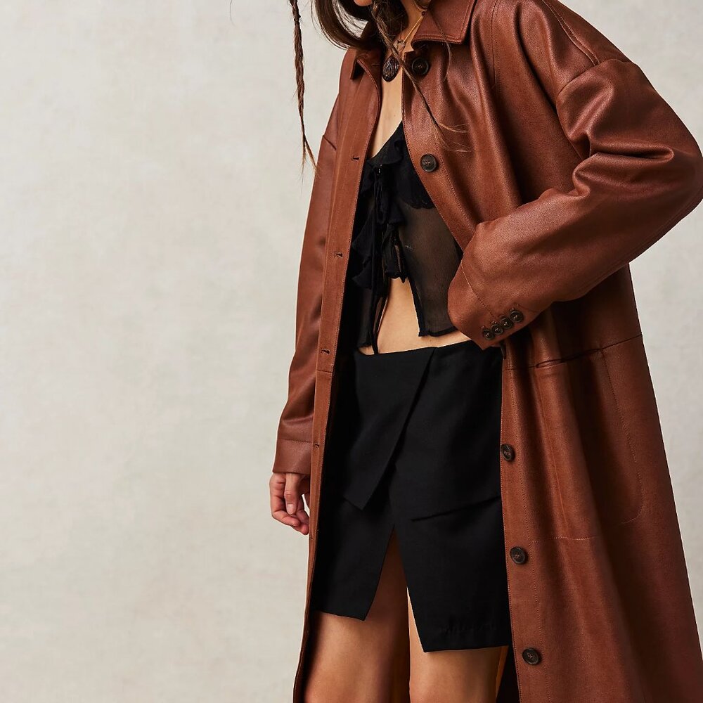 Free People Carmen Vegan Suede Duster Trench Coat Brown Size Large (L) NWOT